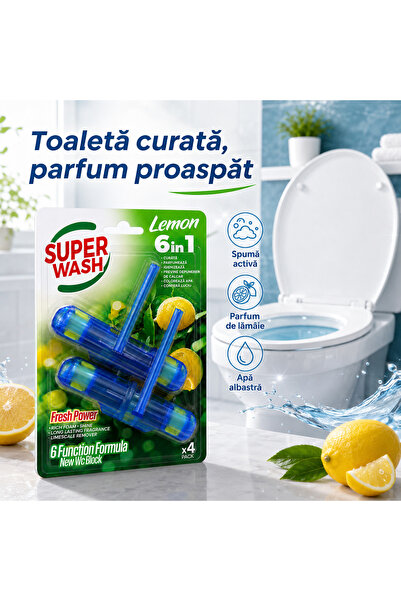 Super wash Odorizant WC Fresh Power Lemon 6 în 1, pachet 2 bucăți, 2 x 50 g, ...