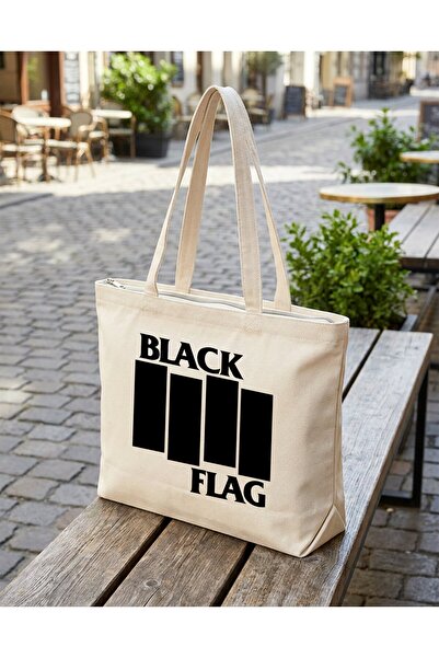 buzagi tasarım ürünleri Black Flag Zippered Lined Gusseted Canvas Bag 35 X 40 cm