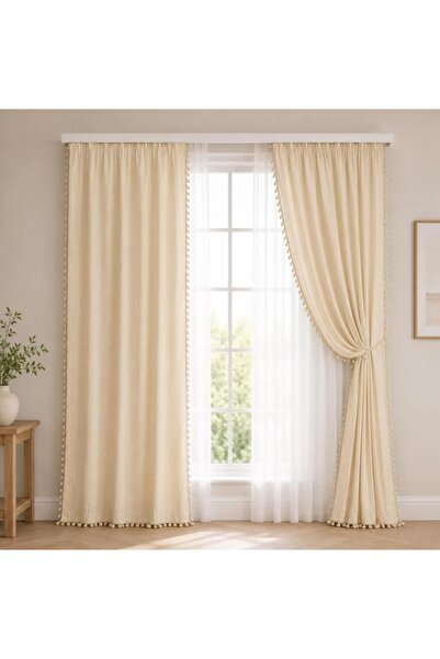 HOME ART ATELIER hand made Keten Bohem Tarz Püsküllü  Fon Perde (EN X BOY) - ...