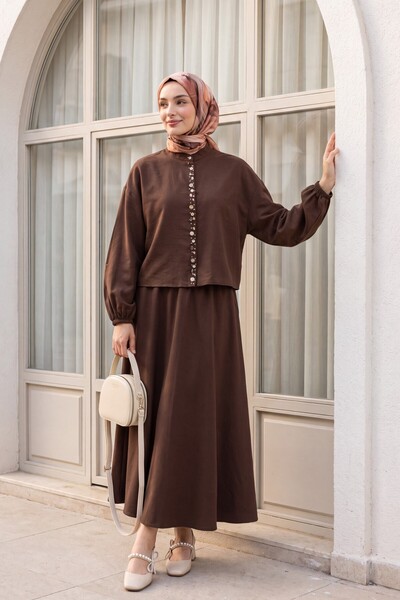 Modamorfo Modal Suit with Elastic Sleeves, Pearl Buttons on the Front, and Sk...