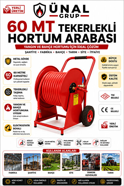 ünalgrup 60 Metre Tekerlekli Yangın ve Bahçe Hortum Arabası Metal Hortum Sarm...