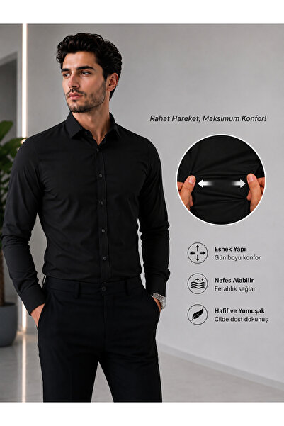 cto your style Slim Fit Uzun Kollu Likralı kumaş SIYAH Erkek Gömlek