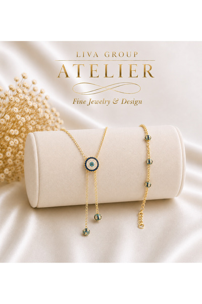 Liva Group Atelier Çelik Üzeri 14K Altın Kaplama Nazar Boncuklu Kolye ve Bile...