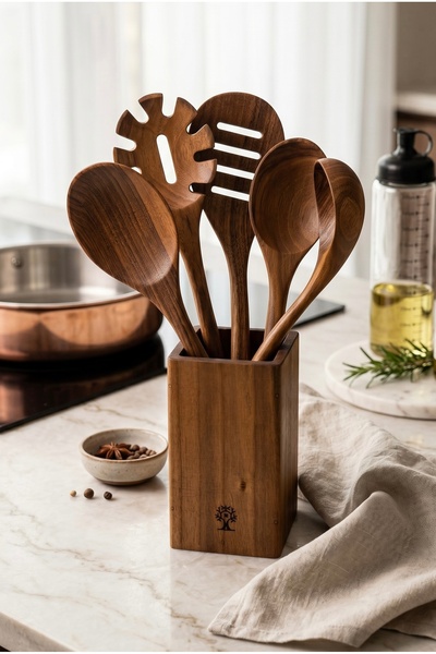 Öz Ahşap Handmade Antique Walnut 6-Piece Water-Resistant Luxury Walnut Stand-...