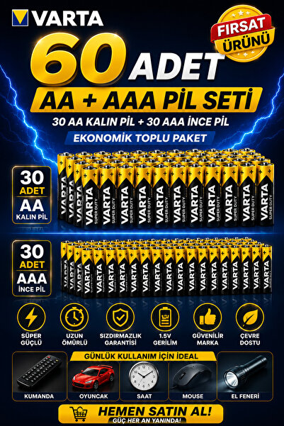 ANI OFİS KIRTASİYE A K AA + AAA Pil 60'lı Set (30 AA + 30 AAA) 1.5V – Ekonomi...
