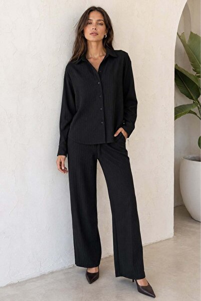 Madmext طقم قميص تينسل أسود مخطط للسيدات MG2695