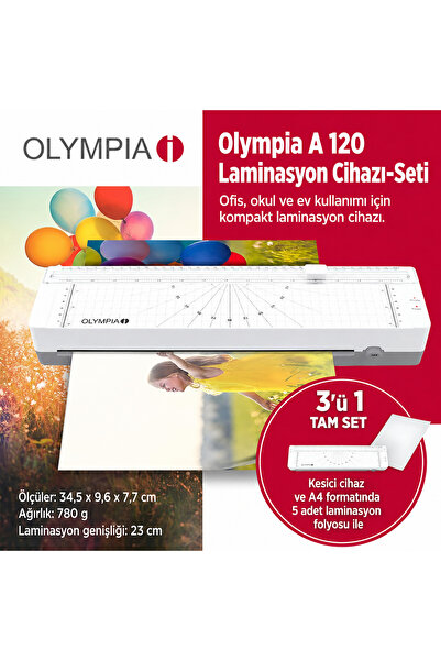 Olympia A120 Combo A4 Laminasyon Makinesi 3’ü 1 Arada Set – Kesme Aparatlı, 5...