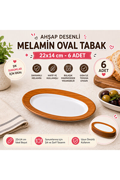 Güneş Wooden Patterned Melamine Oval Plate 22X14 cm - Set of 6 Mini Presentat...