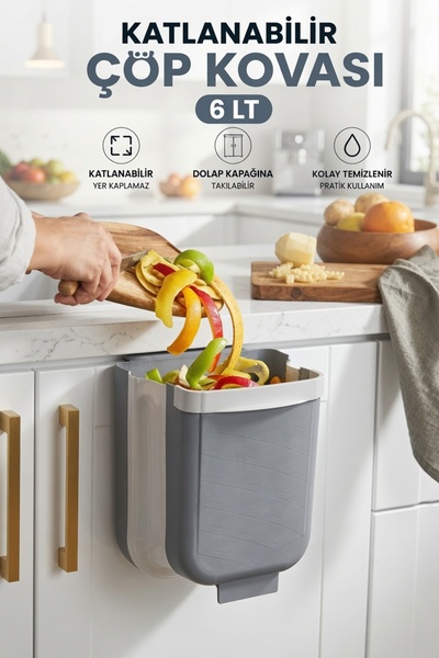 GENCHOME HOMEWARE Katlanabilir Çöp Kovası 6 Lt - Askılı Dolap Kapağı Mutfak Ç...