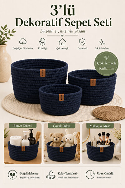 Fabrix Home 3-Piece Round Decorative Cotton Basket Set Navy Blue Color Multi-...