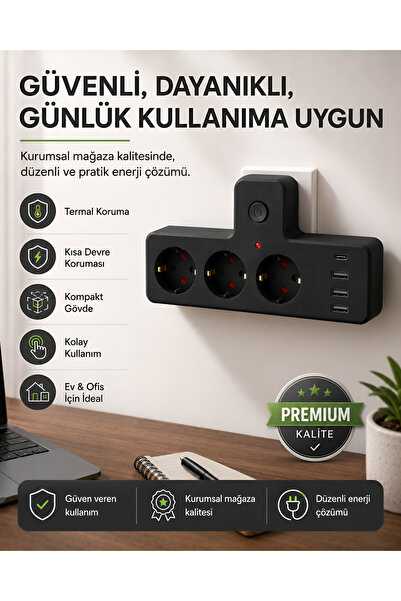 Light Nova 3’lü Akım Korumalı Priz Çoğaltıcı | 2500W 10A | USB-A ve Type-C Çı...