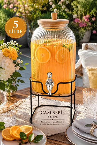 Albergio Bambu Kapaklı 5 Litre Metal Ayaklı Cam Sebil – Musluklu, Şık Sunum Ş...