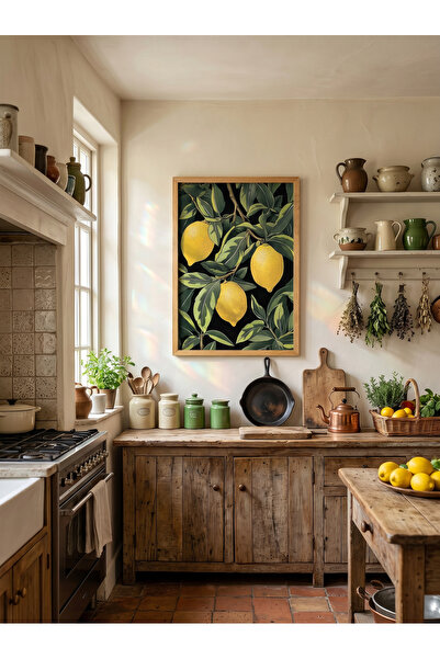 Creatick Design Masif Ahşap Çerçeveli Limon Temalı Tablo Mutfak Duvar Dekoras...