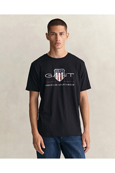 Gant Erkek Siyah Regular Fit Bisiklet Yaka Logolu T-Shirt