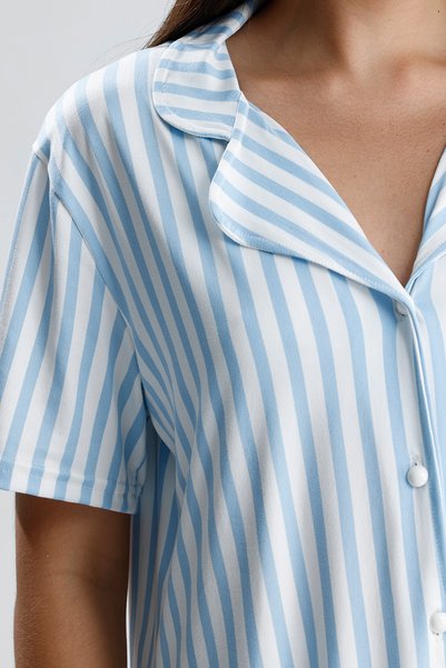 Kompedan Kadın Kısa Kollu Dikey Çizgili Pijama Takımı | Mavi