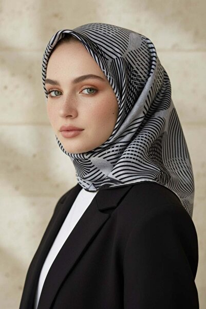 Vissona %100 Twill İpek Çizgili Çiçek Desenli Siyah - Gri Renkli 90x90 Eşarp ...