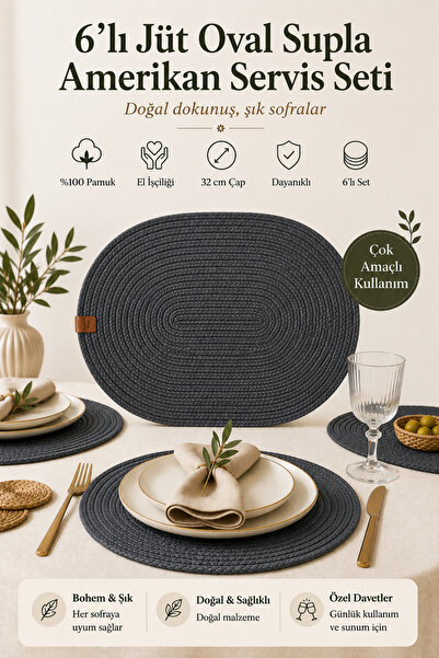 Fabrix Home 6-Piece Oval Jute Supla American Service Set Anthracite Color Boh...