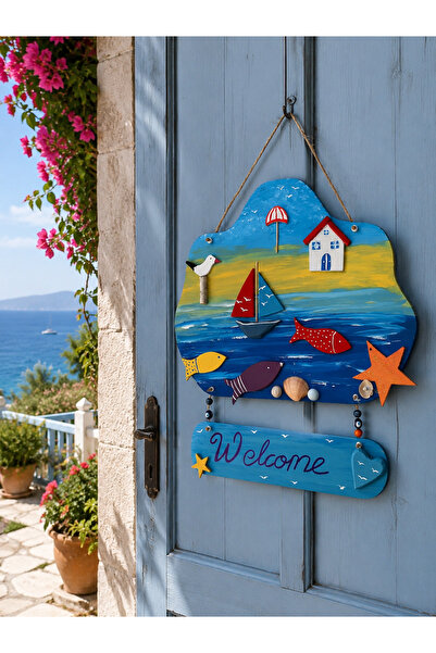 ELSA Deniz Esintili Ahşap Kapı Süsü – Welcome Tasarımı (35x40 cm)