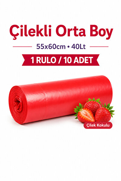 naft 1 Rulo Çöp Torbası Büzgülü Orta Boy Çilek Kokulu 10'lu Kalın 55x60 Çöp P...