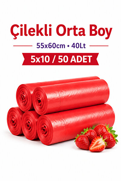 naft Büzgülü Orta Boy Çilek Kokulu Çöp Torbası 10'lu 5 Rulo 55x60 Çöp Poşeti ...