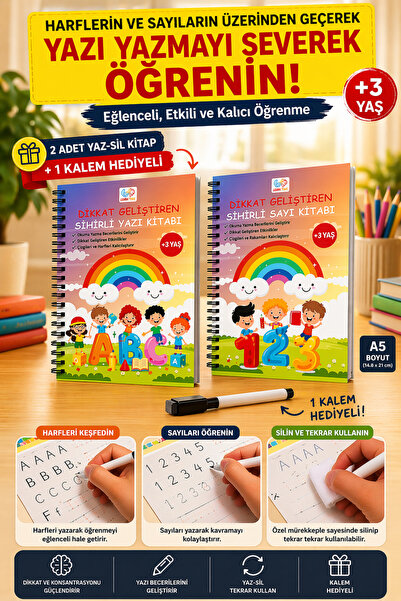 Çılgın Zeka Harfleri ve Sayıları Öğreten Kitap | Kalem Hediyeli Kitap YAZ SİL...