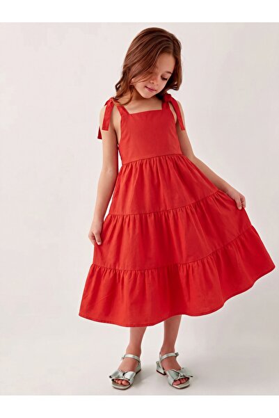 Tinymuyt Girl's Flounced Shoulder Lace-Up Woven Dress Red