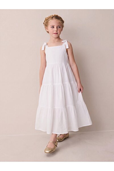 Tinymuyt Girl's Flounced Shoulder Lace-Up Woven Dress White