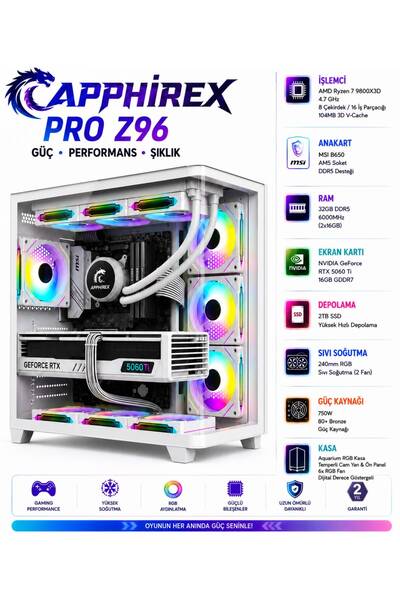 Apphirex Pro Z96 Ryzen 7 9800X3D 32GB Ddr5 Ram 2tb SSD RTX5060Tİ 16GB Sıvı So...