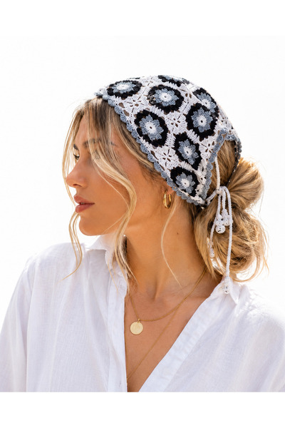 NEHOLİA Hand Knitted Motif Triangle Bandana Women's Hair Bandana Bohemian Sty...
