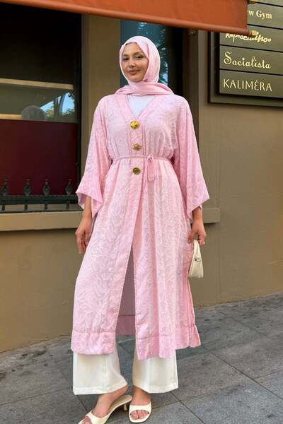 Modaensarbutik Gold Düğmeli Kumaş Kendinden Desenli Kimono-PEMBE