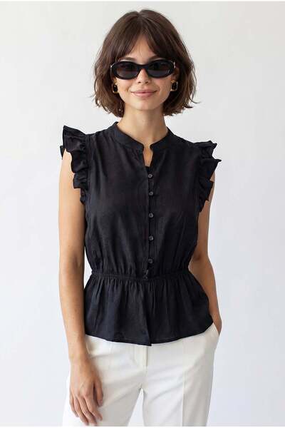 Mixray 4921 Kadın Volanlı Hakim Yaka Jakarlı Peplum Bluz Siyah