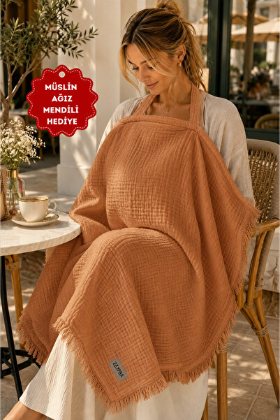 ZEYPBA Müslin Emzirme Örtüsü ve Puset Örtüsü 90x110 cm, Kahve 4 Katlı %100 Pa...