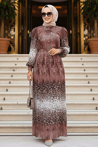 Neva Style Leopar Desenli Kahverengi Tesettür Elbise 3878KH