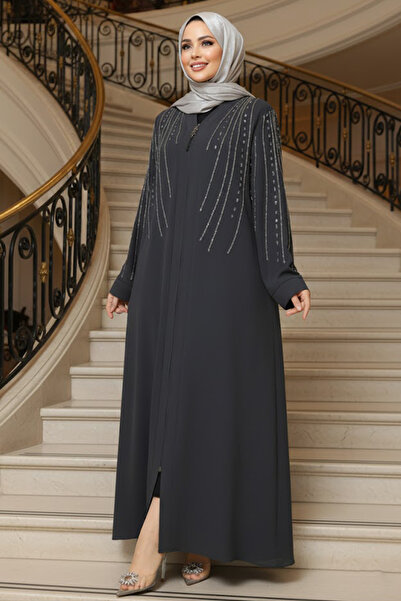 Neva Style Boncuk İşlemeli Füme Tesettür Abaya 29111FU