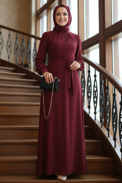 Neva Style Rochie de tesettur vișiniu cu detaliu de nasturi 2703BR