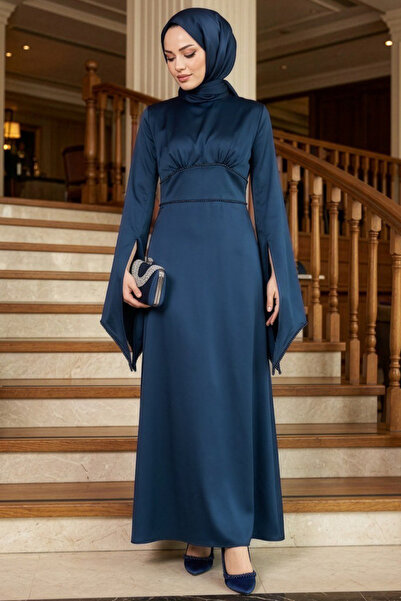 N.S NEVA STYLE Spanish Sleeve Navy Blue Hijab Satin Evening Dress 6258L