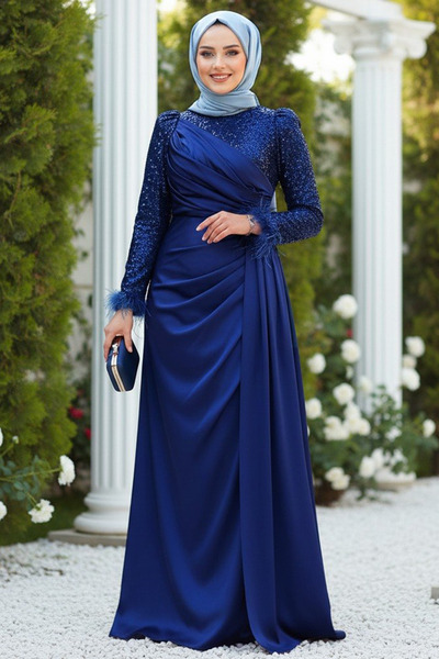 N.S NEVA STYLE Boncuk İşlemeli Lacivert Tesettür Abiye Elbise 52151L