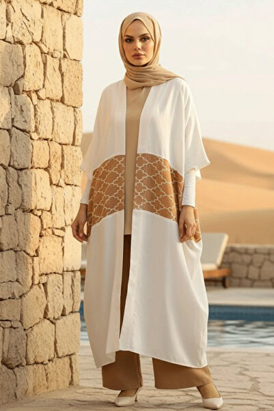 Neva Style Κιμονό με μοτίβο μπλοκ Camel Hijab 8664C