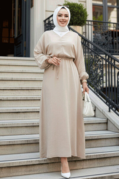 N.S NEVA STYLE Beige Hijab Muslin Dress 19033Bej