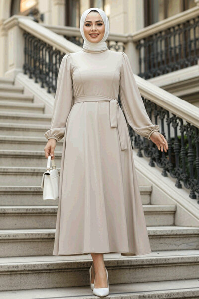 Neva Style Rochie Hijab Bej cu centură 23101BEIG
