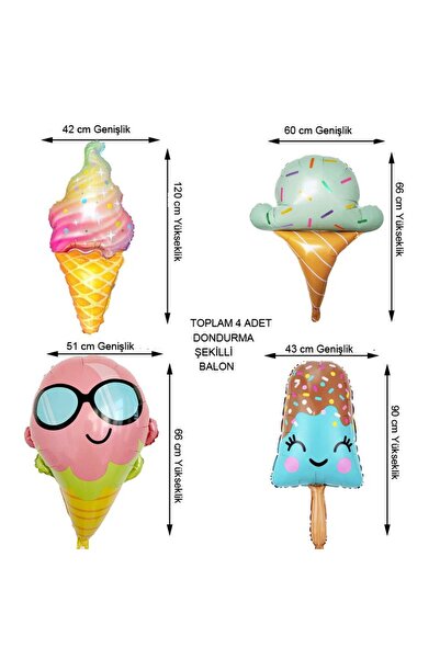 partidolu Ice Cream Dondurma Şeklinde Folyo Balon Farklı Modellerde 4 Adet Hawa
