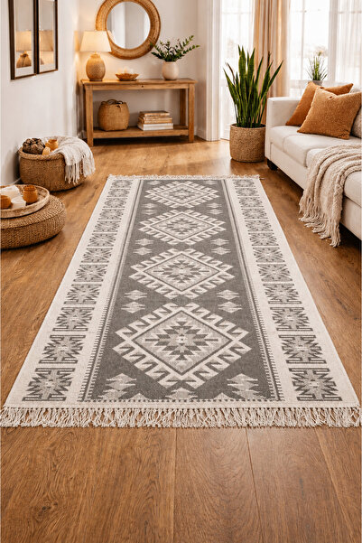 OEM Covor tradițional, țesut, față-verso, dimensiune 100 x 200 cm gri, model ...