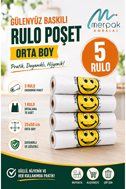 Merpak Ambalaj Gülenyüz Rulo Poşet Orta Boy X5 Baskılı Rulo Baskılı Market Ma...