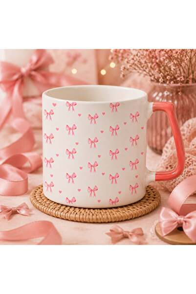 Pembe Kurdele & Kalp Deseni Baskılı Kupa Bardak