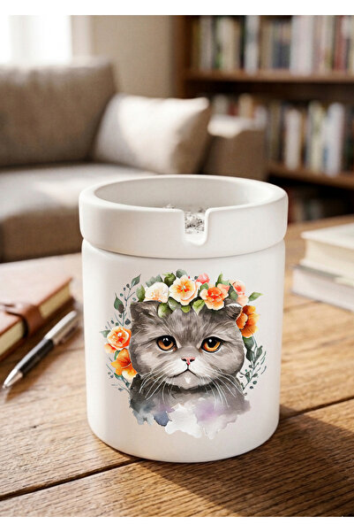 Eylül Design Floral Cat Printed Special Design Printed Ceramic Ashtray Odorle...