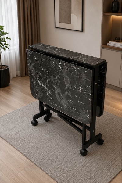 PRADO Kelebek Katlanır Ahşap Masa Mermer Siyah 60x120