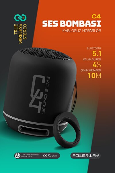 POWERWAY C4 Siyah Taşınabilir Bluetooth Hoparlör Ses Bombası Yüksek Ses Gücü ...
