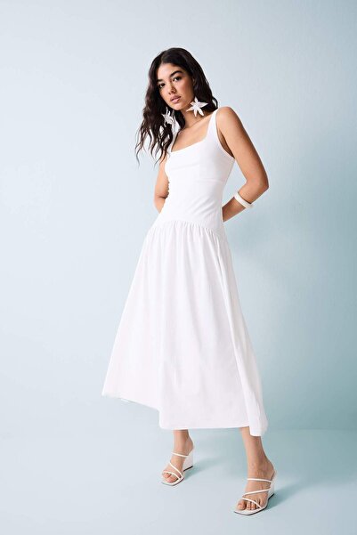 DeFacto Square Neck Strap Midi Ecru Dress H6524Ax26Sm