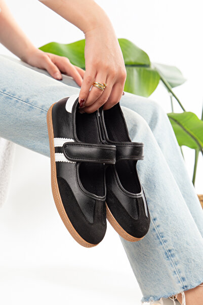 PLN SHOES حذاء ماري جين نسائي مريح باللون الأسود مع شريط فيلكرو، حذاء رياضي يومي
