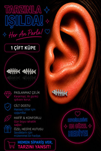 FG KONNİCHİWA % 100 ÇELİK ÇİFT KÜPE PASLANMAZ KARARMAZ DESENLİ SİMGELİ KÜPE (...